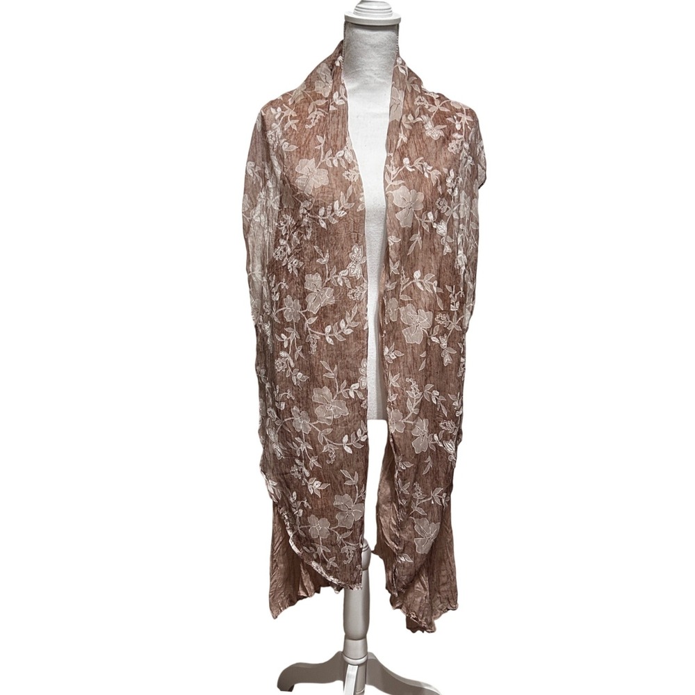 Womens Open Drape Vest XL Taupe Floral Burnout Sheer Duster Boho Kimono Layering